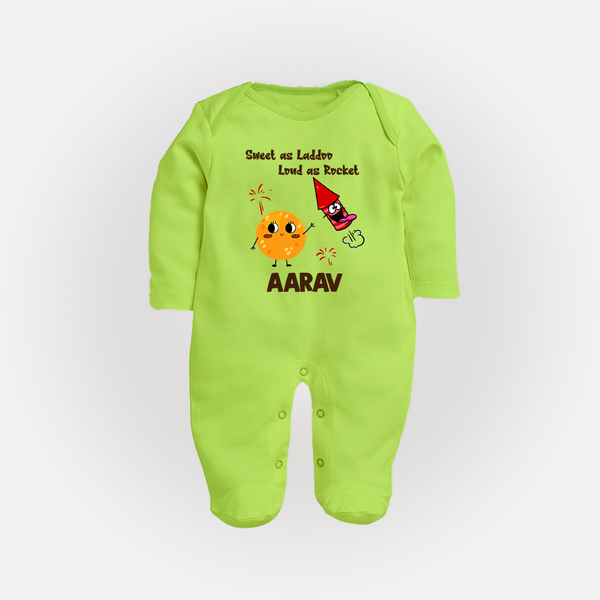 Sweet as Laddoo Loud as Rocket Sleep suit | Custom Baby Sleep suit for Festival Fun - LIME GREEN - New Born (Chest 7.5")