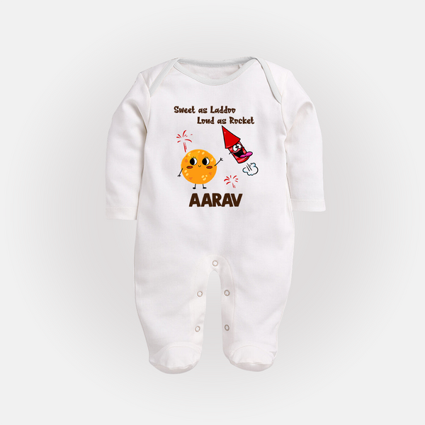 Sweet as Laddoo Loud as Rocket Sleep suit | Custom Baby Sleep suit for Festival Fun - WHITE - New Born (Chest 7.5")