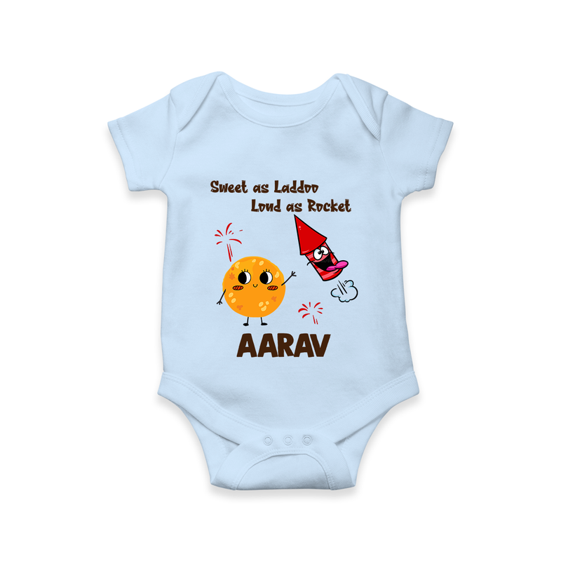 Sweet as Laddoo Loud as Rocket Romper | Custom Baby Romper for Festival Fun - BABY BLUE - New Born (Chest 14")