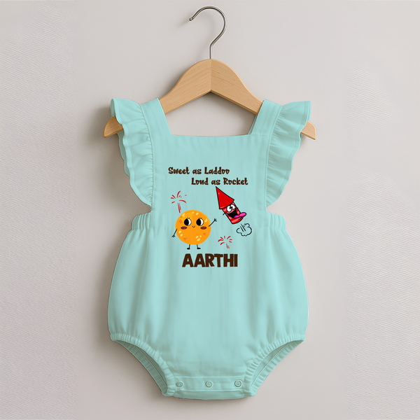 Sweet as Laddoo Loud as Rocket Romper Frock | Custom Baby Romper Frock for Festival Fun - MINT GREEN - 0 - 3 Months Old (Chest 19")