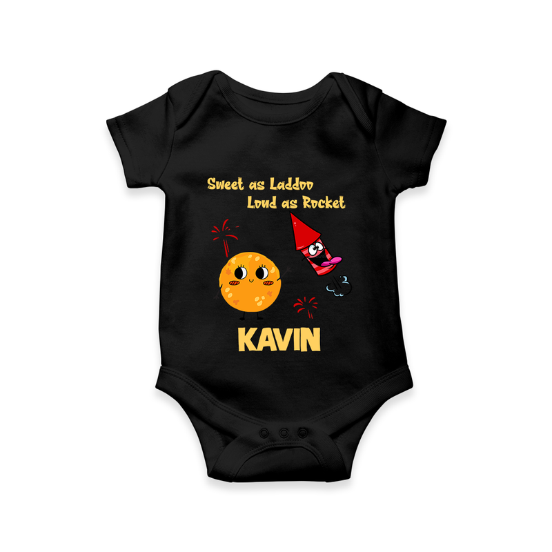 Sweet as Laddoo Loud as Rocket Romper | Custom Baby Romper for Festival Fun - BLACK - New Born (Chest 14")