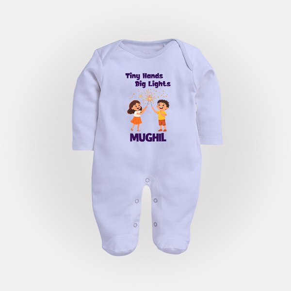 Tiny Hands Big Lights Sleep suit | Personalized Baby Sleep suit for Diwali - BABY BLUE - New Born (Chest 7.5")