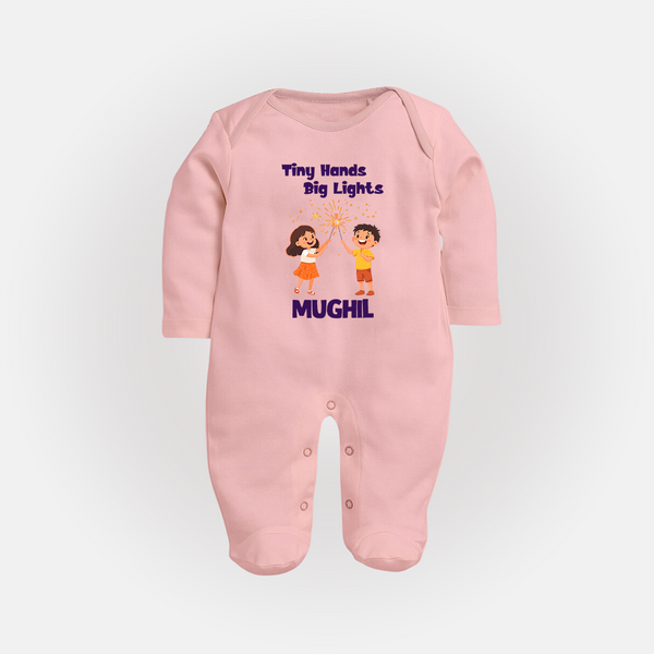 Tiny Hands Big Lights Sleep suit | Personalized Baby Sleep suit for Diwali - BABY PINK - New Born (Chest 7.5")