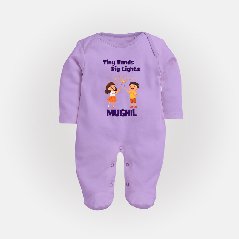 Tiny Hands Big Lights Sleep suit | Personalized Baby Sleep suit for Diwali - LILAC - New Born (Chest 7.5")