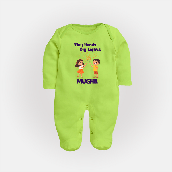 Tiny Hands Big Lights Sleep suit | Personalized Baby Sleep suit for Diwali - LIME GREEN - New Born (Chest 7.5")