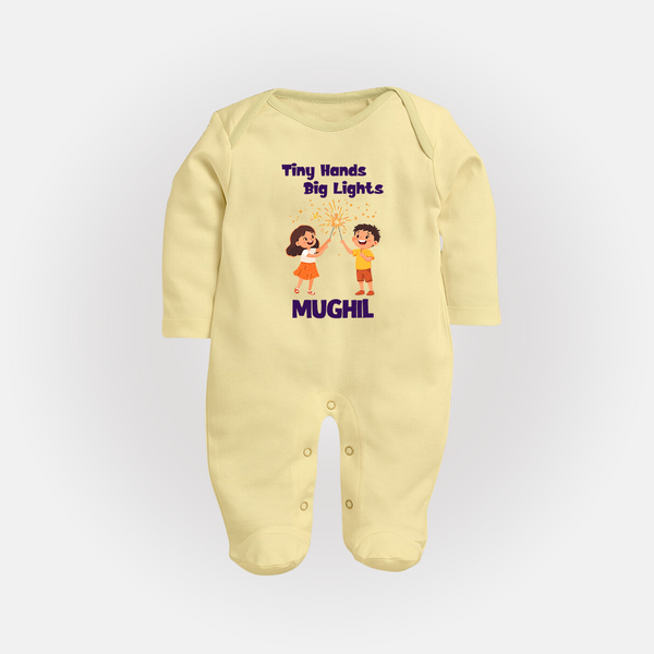 Tiny Hands Big Lights Sleep suit | Personalized Baby Sleep suit for Diwali - PASTEL YELLOW - New Born (Chest 7.5")