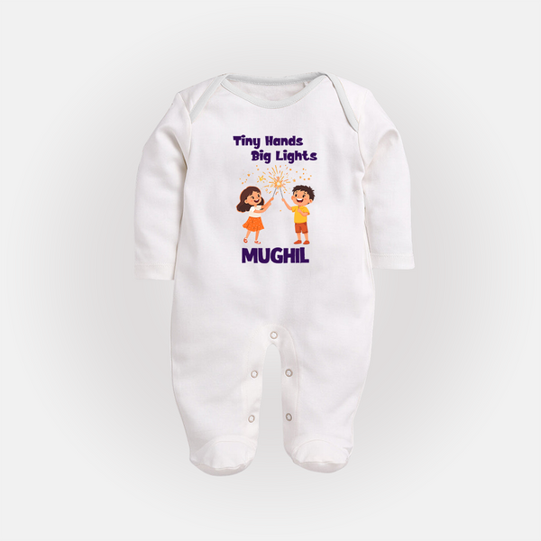 Tiny Hands Big Lights Sleep suit | Personalized Baby Sleep suit for Diwali - WHITE - New Born (Chest 7.5")