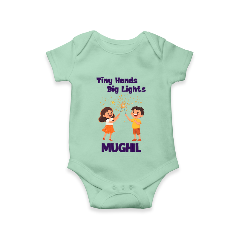 Tiny Hands Big Lights Romper | Personalized Baby Romper for Diwali - MINT GREEN - New Born (Chest 14")