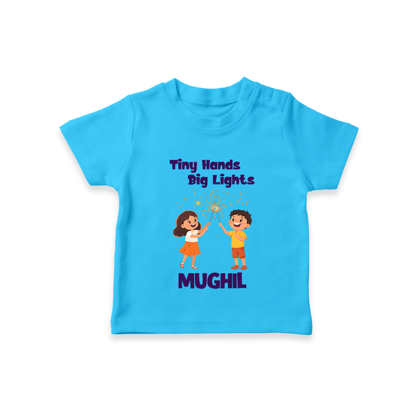 Tiny Hands Big Lights Tshirt | Personalized Baby Tshirt for Diwali - SKY BLUE - 0-5 Months Old (Chest 17")