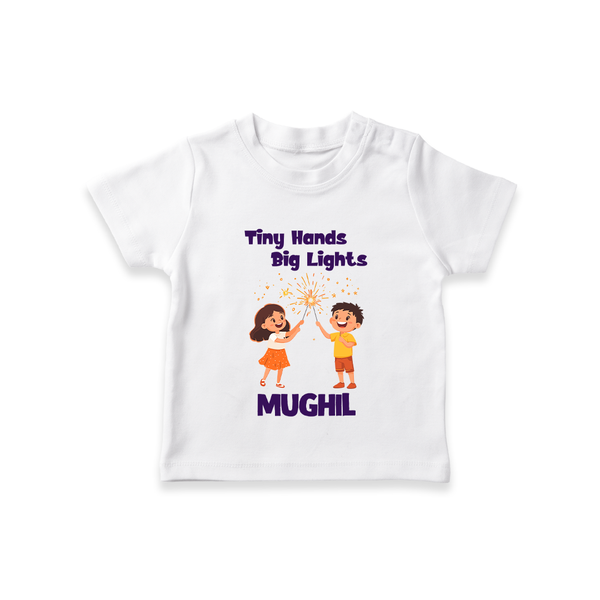 Tiny Hands Big Lights Tshirt | Personalized Baby Tshirt for Diwali - WHITE - 0-5 Months Old (Chest 17")