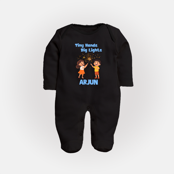 Tiny Hands Big Lights Sleep suit | Personalized Baby Sleep suit for Diwali - BLACK - New Born (Chest 7.5")