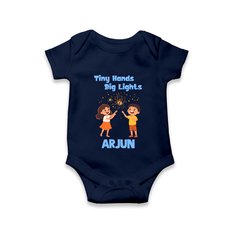 Tiny Hands Big Lights Romper | Personalized Baby Romper for Diwali - NAVY BLUE - New Born (Chest 14")