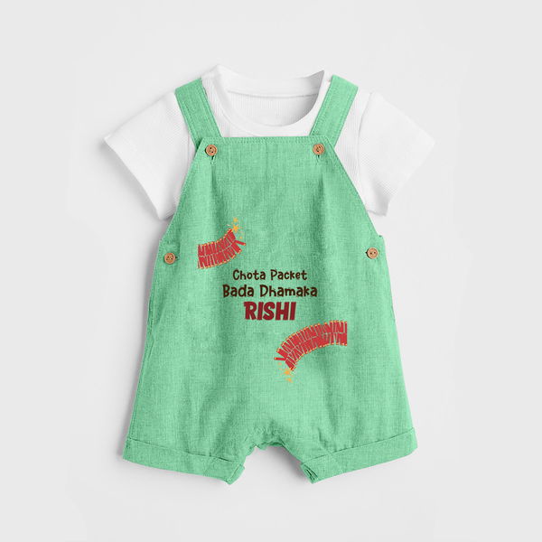 Chota Packet Bada Dhamaka Dungaree Set | Custom Baby Dungaree Set for Festival Celebration - GREEN - 0 - 5 Months Old (Chest 18")