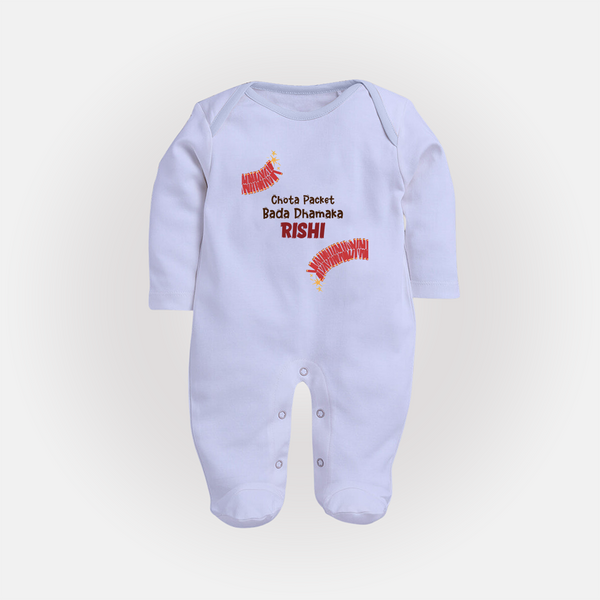 Chota Packet Bada Dhamaka Sleep suit | Custom Baby Sleep suit for Festival Celebration - BABY BLUE - New Born (Chest 7.5")