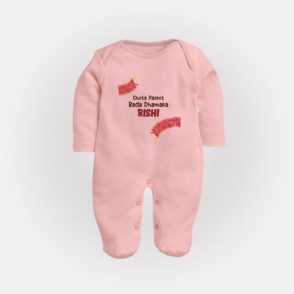 Chota Packet Bada Dhamaka Sleep suit | Custom Baby Sleep suit for Festival Celebration - BABY PINK - New Born (Chest 7.5")