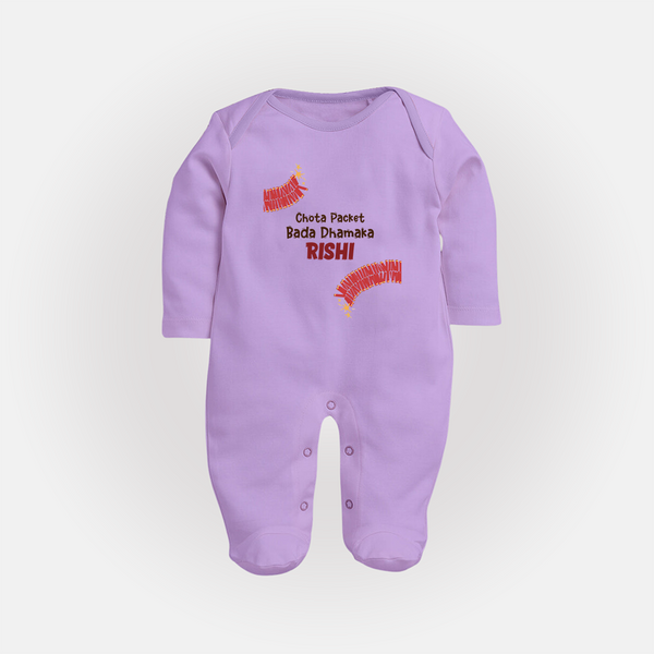 Chota Packet Bada Dhamaka Sleep suit | Custom Baby Sleep suit for Festival Celebration - LILAC - New Born (Chest 7.5")