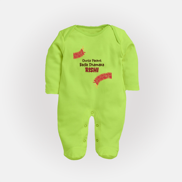Chota Packet Bada Dhamaka Sleep suit | Custom Baby Sleep suit for Festival Celebration - LIME GREEN - New Born (Chest 7.5")