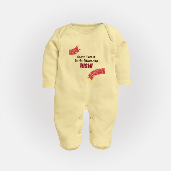 Chota Packet Bada Dhamaka Sleep suit | Custom Baby Sleep suit for Festival Celebration - PASTEL YELLOW - New Born (Chest 7.5")