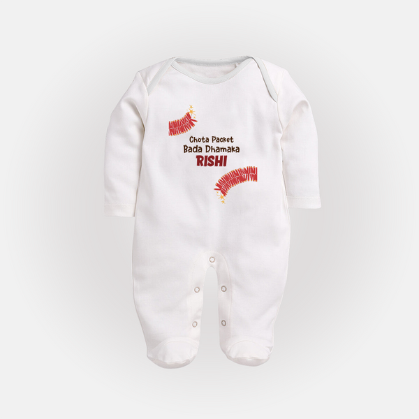Chota Packet Bada Dhamaka Sleep suit | Custom Baby Sleep suit for Festival Celebration - WHITE - New Born (Chest 7.5")