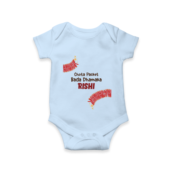 Chota Packet Bada Dhamaka Romper | Custom Baby Romper for Festival Celebration - BABY BLUE - New Born (Chest 14")