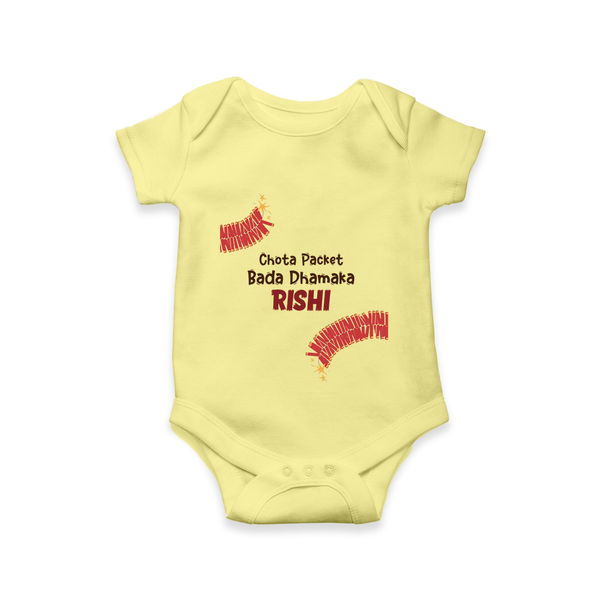 Chota Packet Bada Dhamaka Romper | Custom Baby Romper for Festival Celebration - PASTEL YELLOW - New Born (Chest 14")