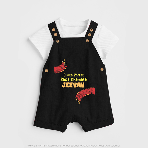 Chota Packet Bada Dhamaka Dungaree Set | Custom Baby Dungaree Set for Festival Celebration - BLACK - 0 - 5 Months Old (Chest 18")