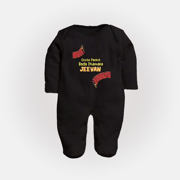 Chota Packet Bada Dhamaka Sleep suit | Custom Baby Sleep suit for Festival Celebration - BLACK - New Born (Chest 7.5")