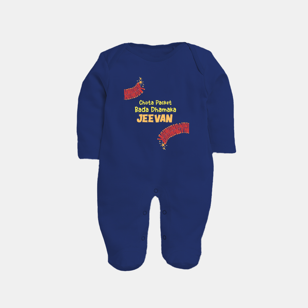 Chota Packet Bada Dhamaka Sleep suit | Custom Baby Sleep suit for Festival Celebration - NAVY BLUE - New Born (Chest 7.5")