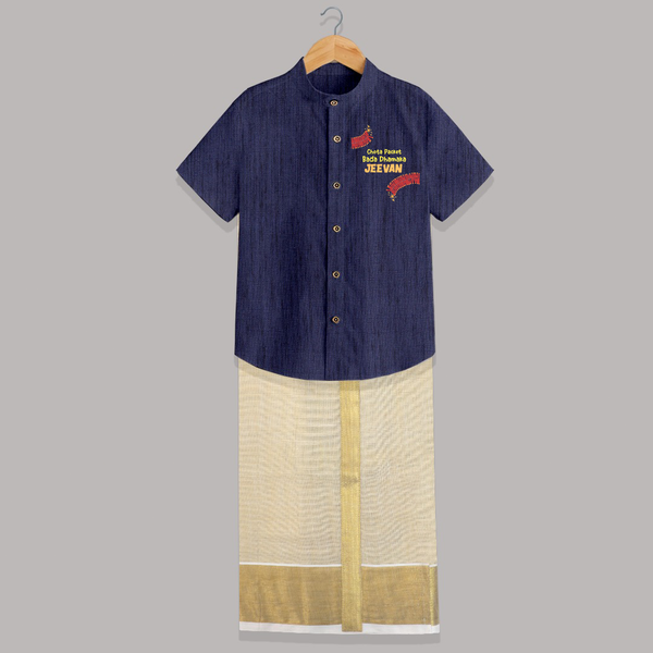 Chota Packet Bada Dhamaka Shirt and Dhoti | Custom Baby Shirt and Dhoti for Festival Celebration - DARK BLUE - 0 - 6 Months Old (Chest-23") (Dhoti length-14")