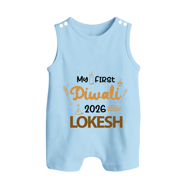 My First Diwali Celebration Button Romper - BABY BLUE - New Born (Chest 18")