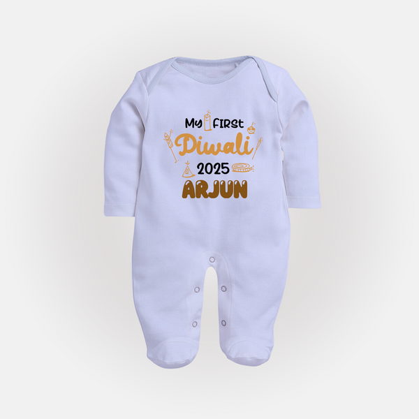 My First Diwali Sleep Suit | Personalized Baby Festival Outfit - BABY BLUE - New Born (Chest 7.5")