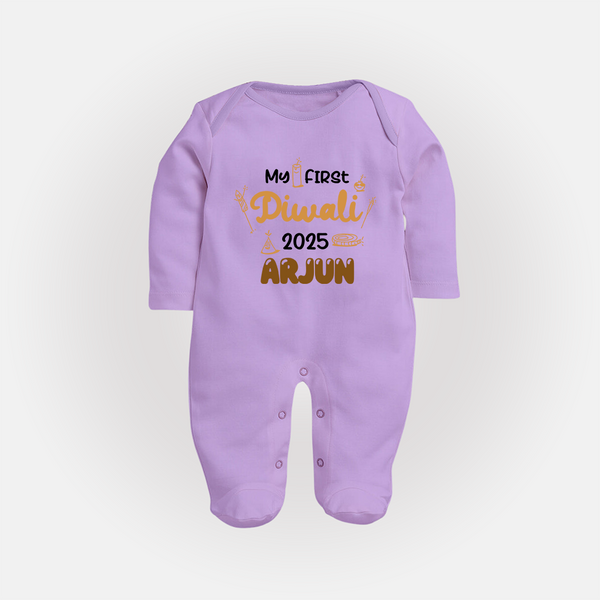 My First Diwali Sleep Suit | Personalized Baby Festival Outfit - LILAC - New Born (Chest 7.5")