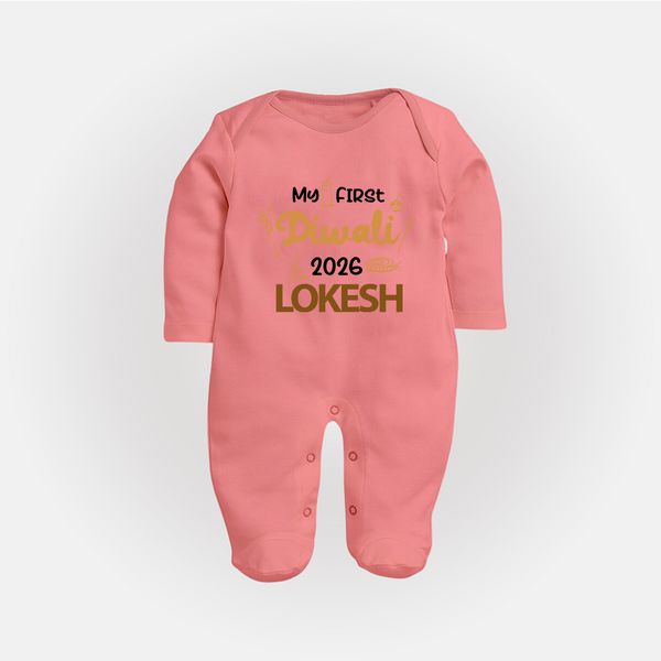 My First Diwali Celebration Full Body Suit - PEACH - New Born (Chest 7.5")