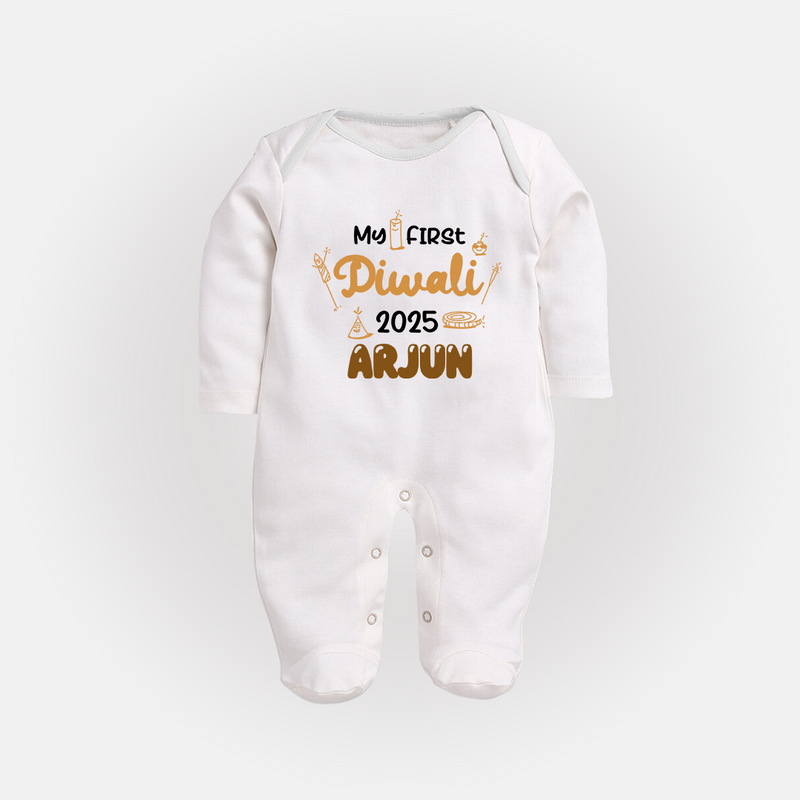 My First Diwali Sleep Suit | Personalized Baby Festival Outfit - WHITE - New Born (Chest 7.5")