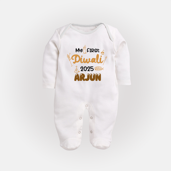 My First Diwali Sleep Suit | Personalized Baby Festival Outfit - WHITE - New Born (Chest 7.5")