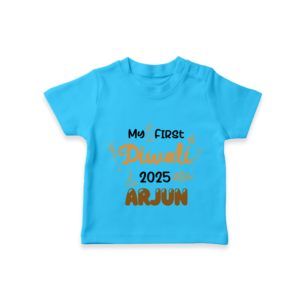 My First Diwali Tshirt | Personalized Baby Festival Outfit - SKY BLUE - 0-5 Months Old (Chest 17")