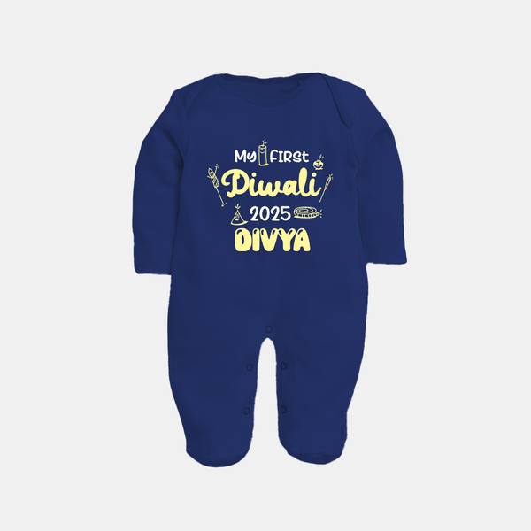 My First Diwali Sleep Suit | Personalized Baby Festival Outfit - NAVY BLUE - New Born (Chest 7.5")