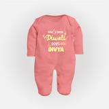 My First Diwali Sleep Suit | Personalized Baby Festival Outfit - PEACH - New Born (Chest 7.5")