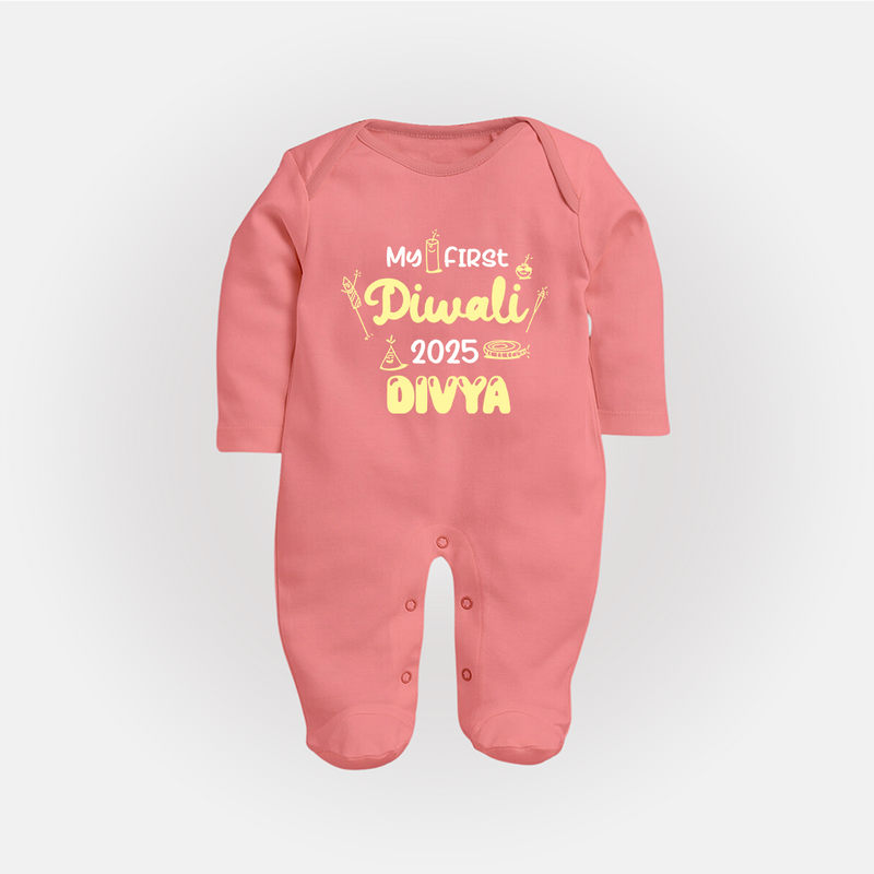 My First Diwali Sleep Suit | Personalized Baby Festival Outfit - PEACH - New Born (Chest 7.5")
