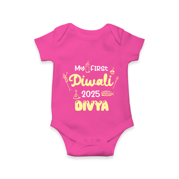 My First Diwali Romper | Personalized Baby Festival Outfit - HOT PINK - New Born (Chest 14")