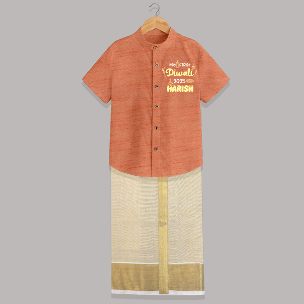 My First Diwali Shirt And Dhoti | Personalized Baby Festival Outfit - ORANGE - 0 - 6 Months Old (Chest-23") (Dhoti length-14")