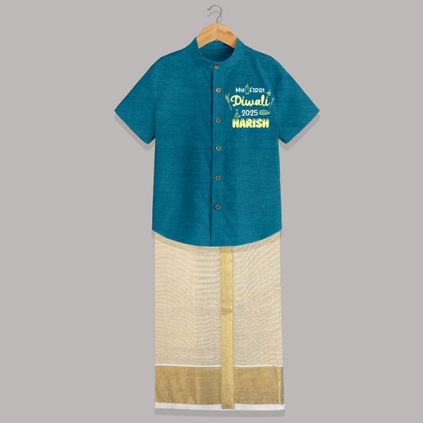 My First Diwali Shirt And Dhoti | Personalized Baby Festival Outfit - PEACOCK BLUE - 0 - 6 Months Old (Chest-23") (Dhoti length-14")