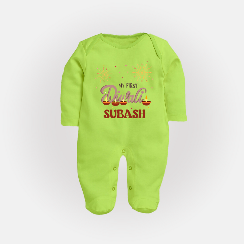 Chota Packet Bada Dhamaka My First Diwali Sleep Suit | Custom Baby Sleep Suit - LIME GREEN - New Born (Chest 7.5")