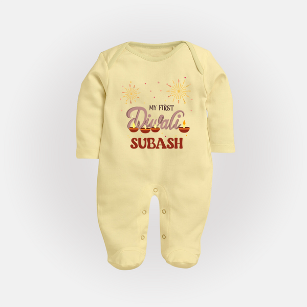 Chota Packet Bada Dhamaka My First Diwali Sleep Suit | Custom Baby Sleep Suit - PASTEL YELLOW - New Born (Chest 7.5")