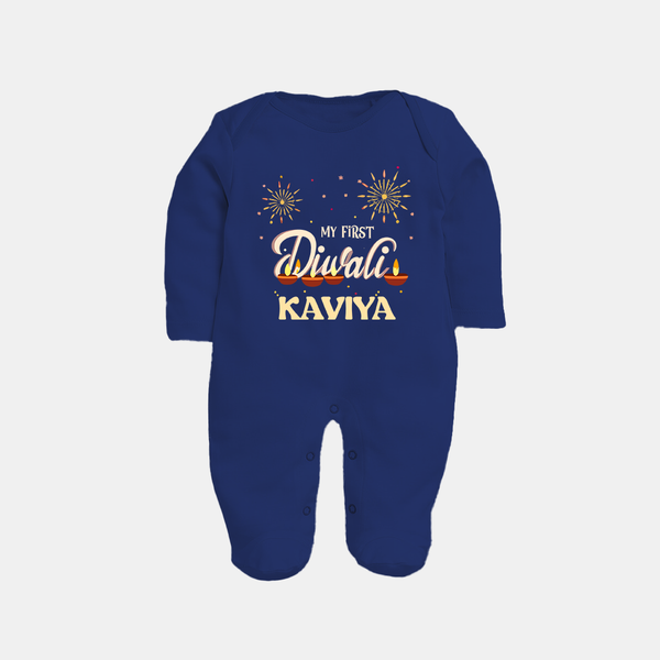 Chota Packet Bada Dhamaka My First Diwali Sleep Suit | Custom Baby Sleep Suit - NAVY BLUE - New Born (Chest 7.5")