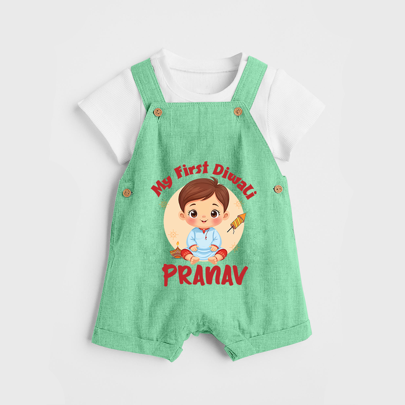 Baby's First Diwali Dungaree Set | Custom Dungaree Set for Little Devotees - GREEN - 0 - 5 Months Old (Chest 18")
