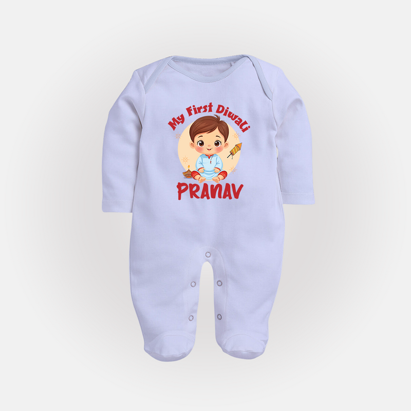 Baby's First Diwali Sleep Suit | Custom Sleep Suit for Little Devotees - BABY BLUE - New Born (Chest 7.5")