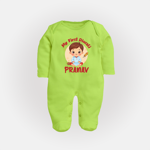 Baby's First Diwali Sleep Suit | Custom Sleep Suit for Little Devotees - LIME GREEN - New Born (Chest 7.5")