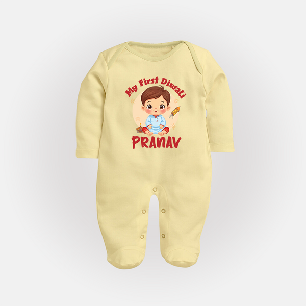 Baby's First Diwali Sleep Suit | Custom Sleep Suit for Little Devotees - PASTEL YELLOW - New Born (Chest 7.5")