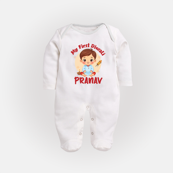 Baby's First Diwali Sleep Suit | Custom Sleep Suit for Little Devotees - WHITE - New Born (Chest 7.5")